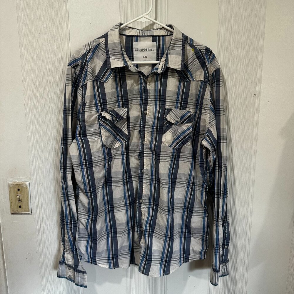 Aeropostale Men’s XL Plaid Snap Button Long Sleeve Shirt Blue & White